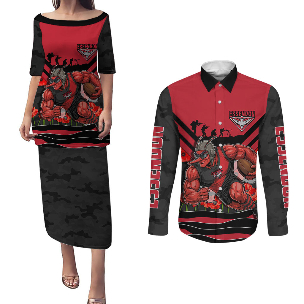 Personalised Essendon Bombers ANZAC Couples Matching Puletasi and Long Sleeve Button Shirt Military Remembrance Australian Football Mascot Camouflage