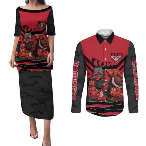 Personalised Essendon Bombers ANZAC Couples Matching Puletasi and Long Sleeve Button Shirt Military Remembrance Australian Football Mascot Camouflage