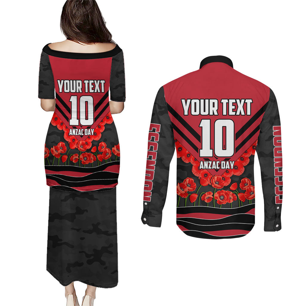 Personalised Essendon Bombers ANZAC Couples Matching Puletasi and Long Sleeve Button Shirt Military Remembrance Australian Football Mascot Camouflage
