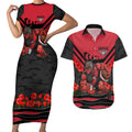 Personalised Essendon Bombers ANZAC Couples Matching Short Sleeve Bodycon Dress and Hawaiian Shirt Military Remembrance Australian Football Mascot Camouflage