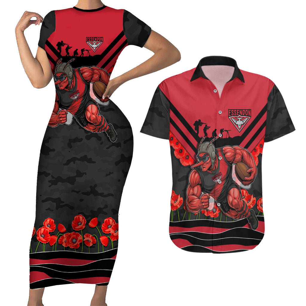 Personalised Essendon Bombers ANZAC Couples Matching Short Sleeve Bodycon Dress and Hawaiian Shirt Military Remembrance Australian Football Mascot Camouflage