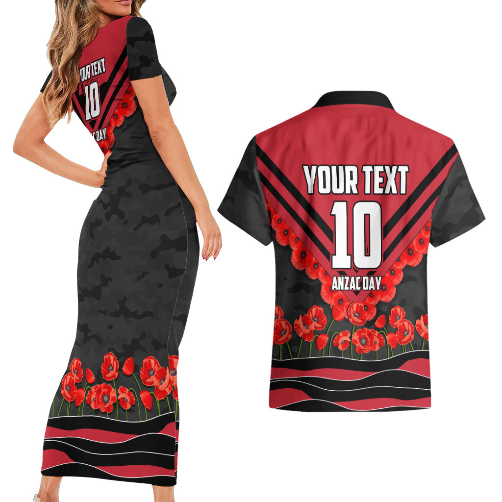 Personalised Essendon Bombers ANZAC Couples Matching Short Sleeve Bodycon Dress and Hawaiian Shirt Military Remembrance Australian Football Mascot Camouflage