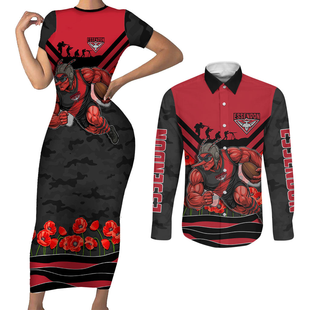 Personalised Essendon Bombers ANZAC Couples Matching Short Sleeve Bodycon Dress and Long Sleeve Button Shirt Military Remembrance Australian Football Mascot Camouflage