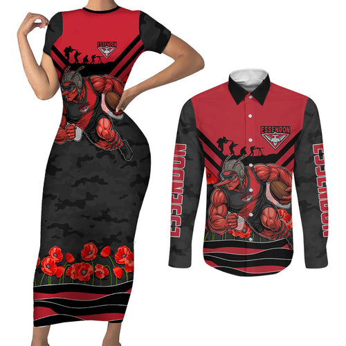 Personalised Essendon Bombers ANZAC Couples Matching Short Sleeve Bodycon Dress and Long Sleeve Button Shirt Military Remembrance Australian Football Mascot Camouflage