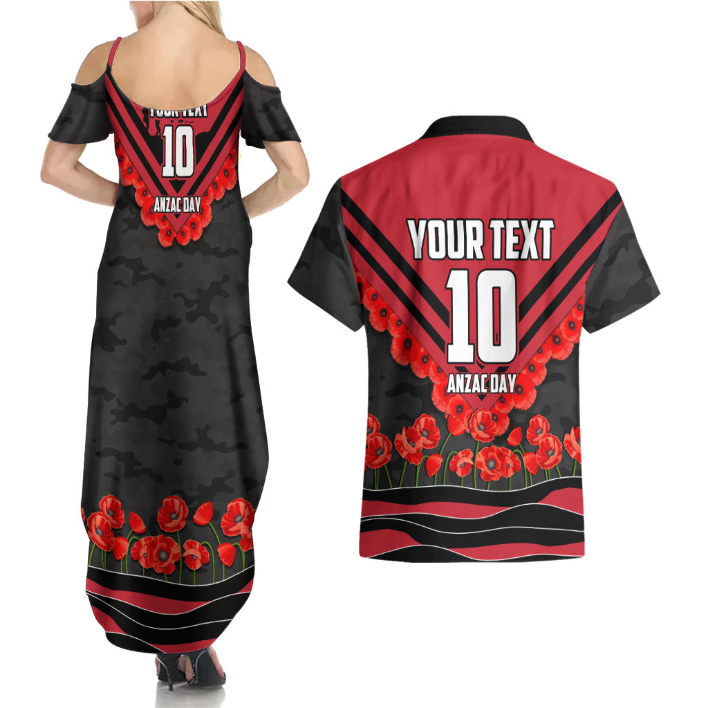 Personalised Essendon Bombers ANZAC Couples Matching Summer Maxi Dress and Hawaiian Shirt Military Remembrance Australian Football Mascot Camouflage