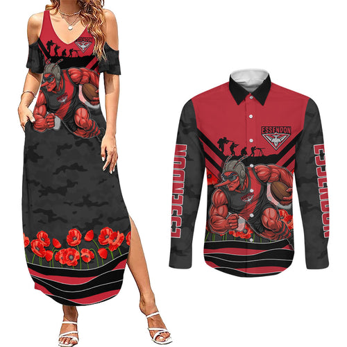 Personalised Essendon Bombers ANZAC Couples Matching Summer Maxi Dress and Long Sleeve Button Shirt Military Remembrance Australian Football Mascot Camouflage