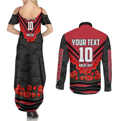 Personalised Essendon Bombers ANZAC Couples Matching Summer Maxi Dress and Long Sleeve Button Shirt Military Remembrance Australian Football Mascot Camouflage