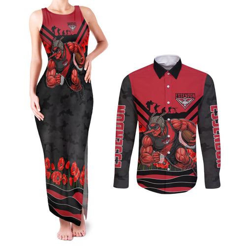 Personalised Essendon Bombers ANZAC Couples Matching Tank Maxi Dress and Long Sleeve Button Shirt Military Remembrance Australian Football Mascot Camouflage