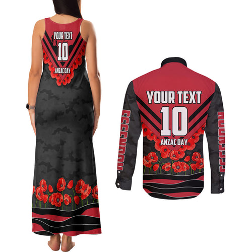 Personalised Essendon Bombers ANZAC Couples Matching Tank Maxi Dress and Long Sleeve Button Shirt Military Remembrance Australian Football Mascot Camouflage
