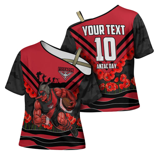 Personalised Essendon Bombers ANZAC Cross Shoulder Shirt Military Remembrance Australian Football Mascot Camouflage