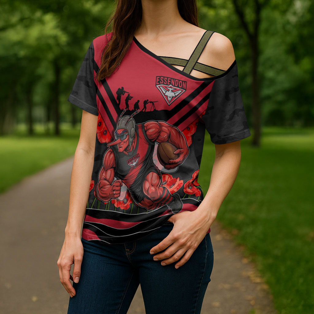Personalised Essendon Bombers ANZAC Cross Shoulder Shirt Military Remembrance Australian Football Mascot Camouflage