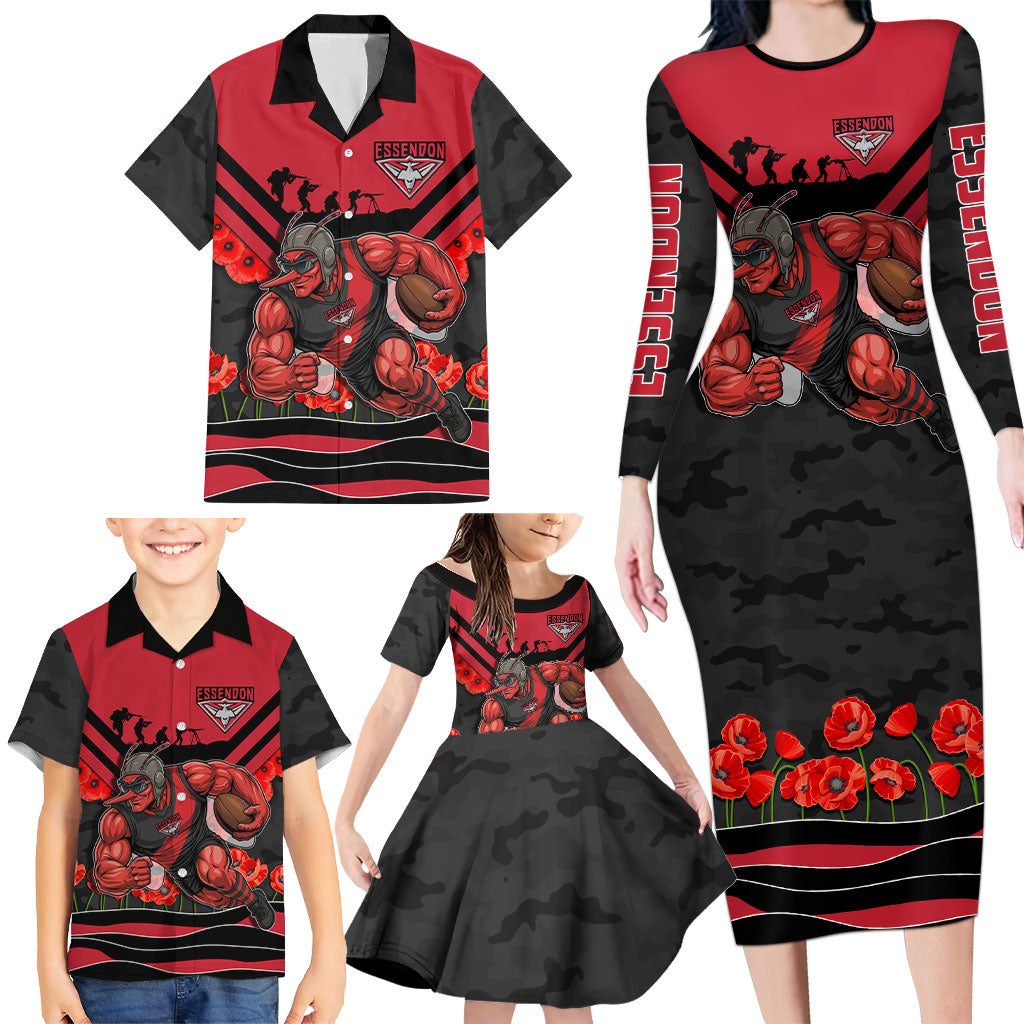 Personalised Essendon Bombers ANZAC Family Matching Long Sleeve Bodycon Dress and Hawaiian Shirt Military Remembrance Australian Football Mascot Camouflage