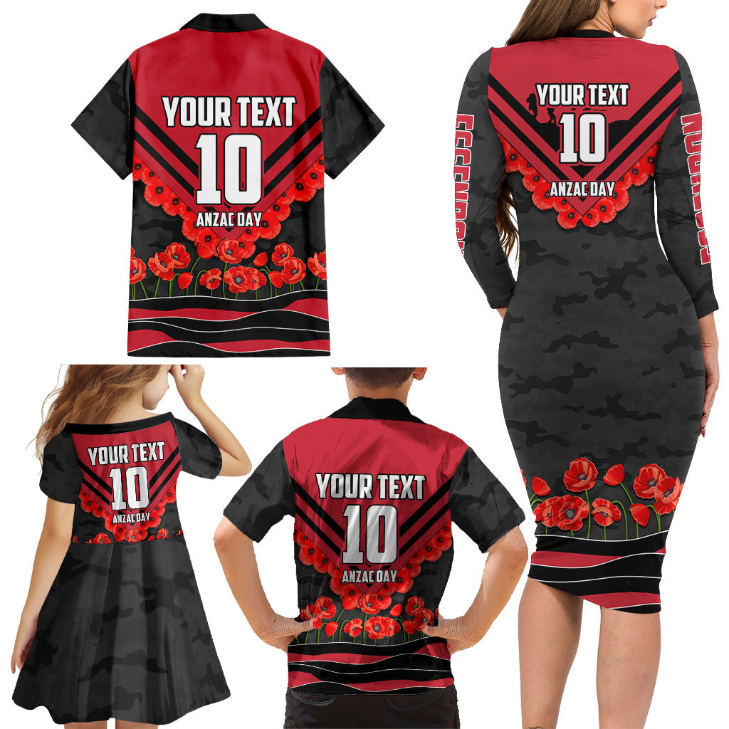 Personalised Essendon Bombers ANZAC Family Matching Long Sleeve Bodycon Dress and Hawaiian Shirt Military Remembrance Australian Football Mascot Camouflage