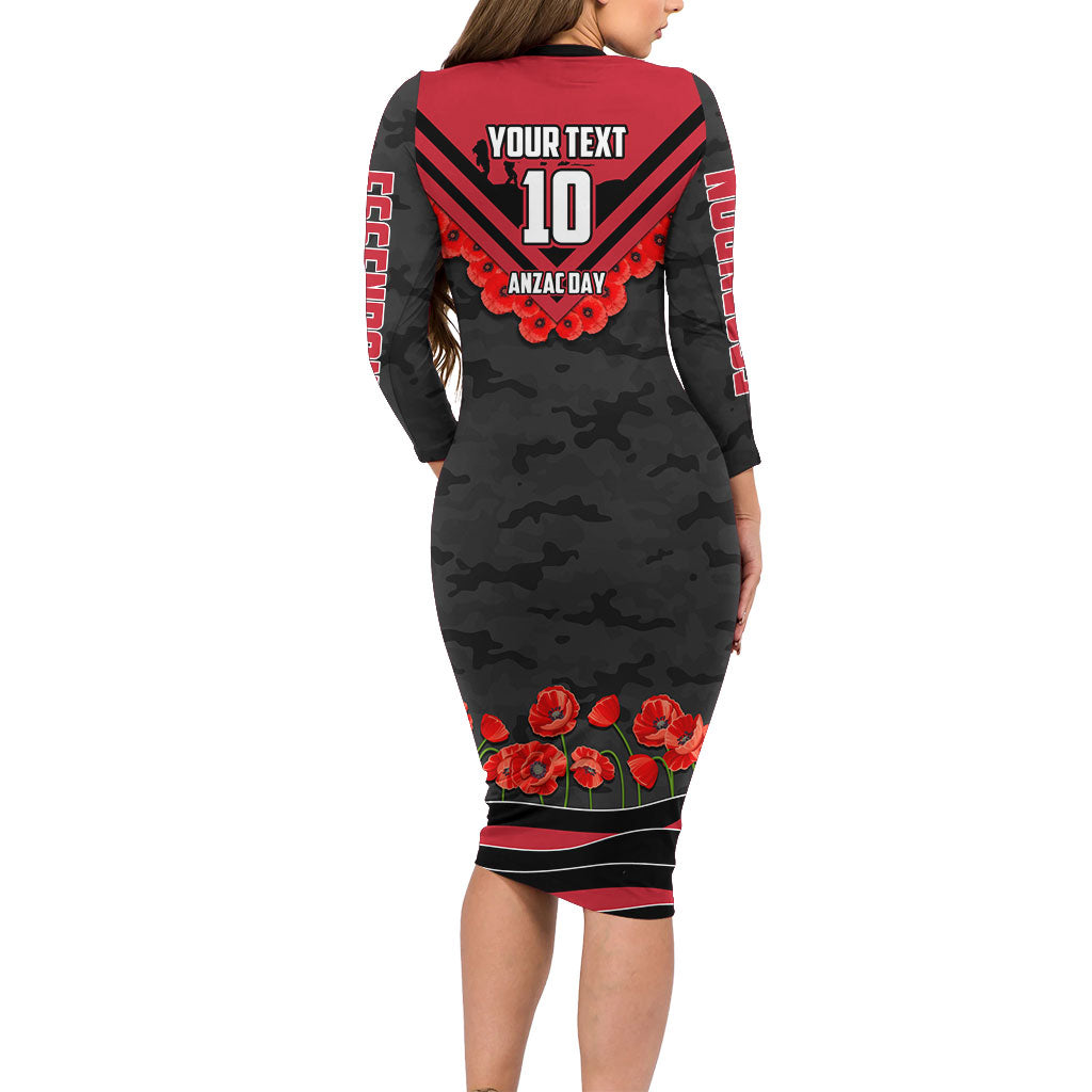 Personalised Essendon Bombers ANZAC Family Matching Long Sleeve Bodycon Dress and Hawaiian Shirt Military Remembrance Australian Football Mascot Camouflage