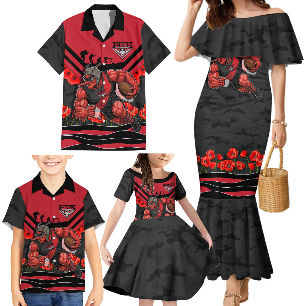 Personalised Essendon Bombers ANZAC Family Matching Mermaid Dress and Hawaiian Shirt Military Remembrance Australian Football Mascot Camouflage