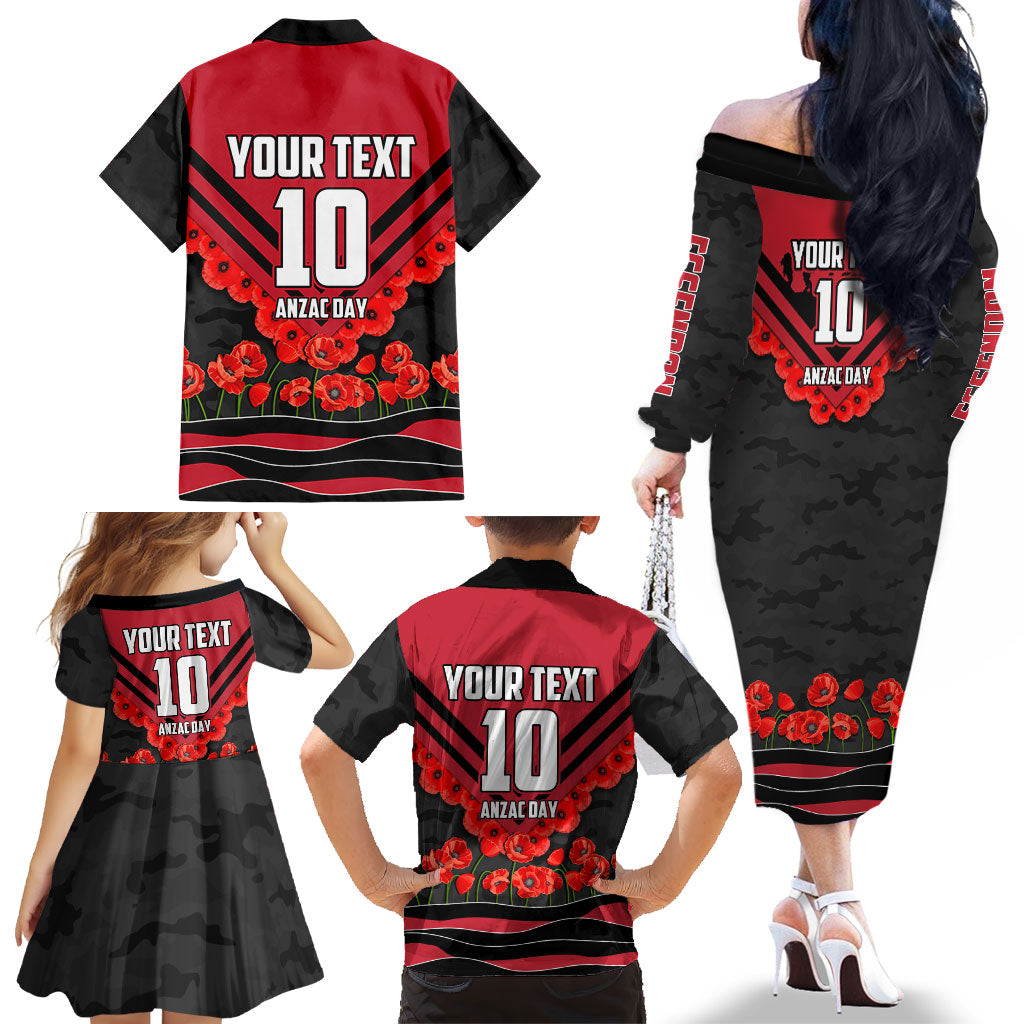 Personalised Essendon Bombers ANZAC Family Matching Off The Shoulder Long Sleeve Dress and Hawaiian Shirt Military Remembrance Australian Football Mascot Camouflage