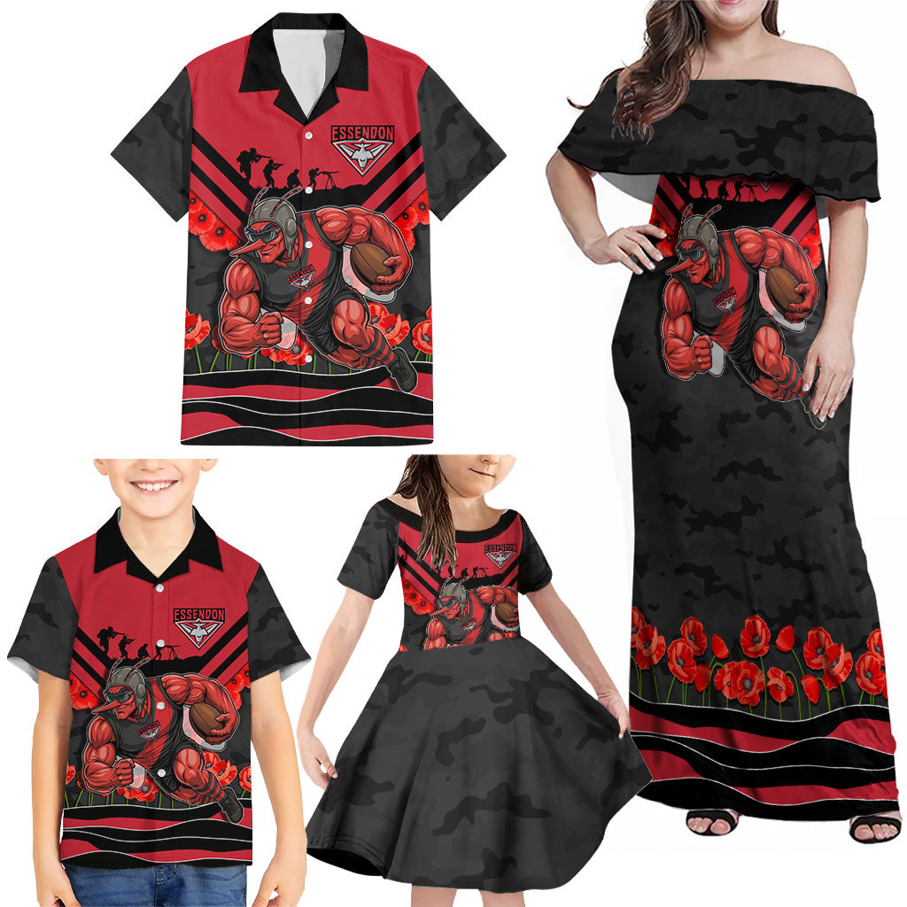 Personalised Essendon Bombers ANZAC Family Matching Off Shoulder Maxi Dress and Hawaiian Shirt Military Remembrance Australian Football Mascot Camouflage