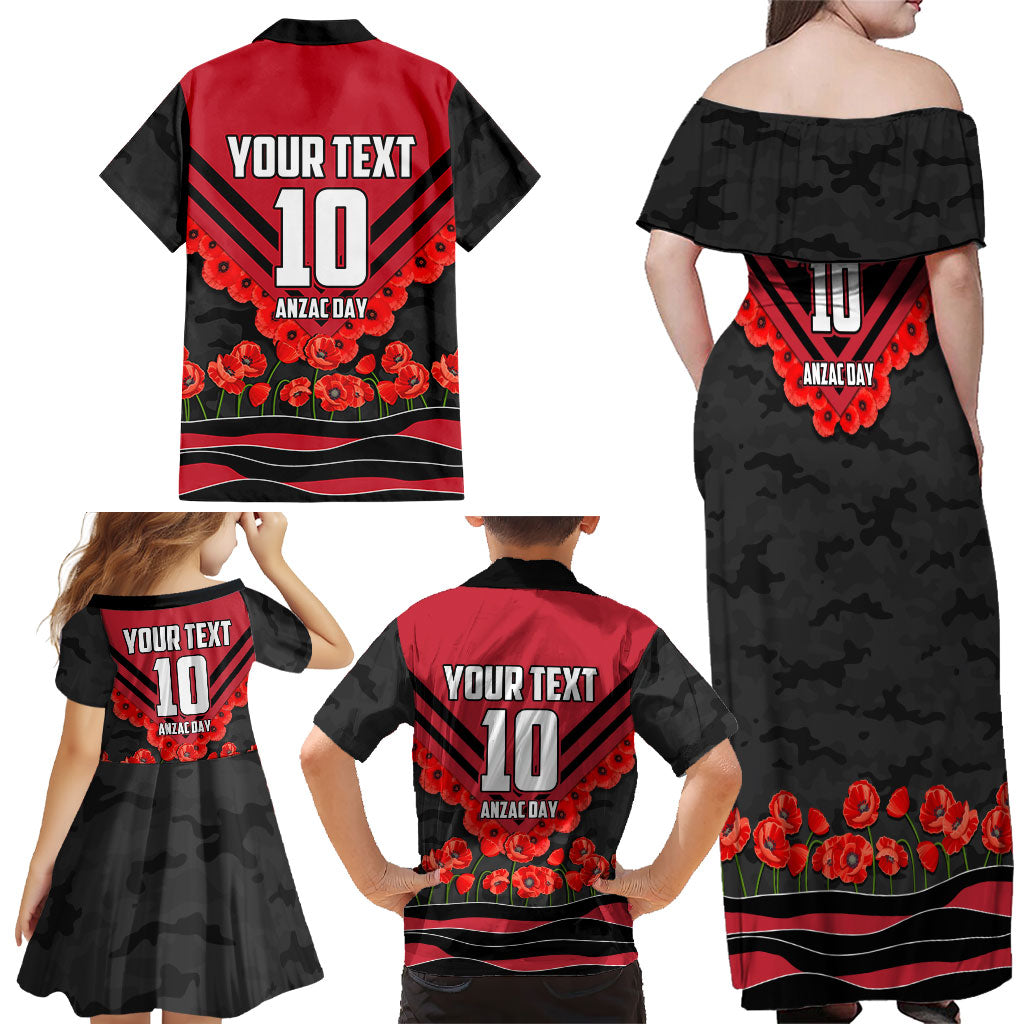 Personalised Essendon Bombers ANZAC Family Matching Off Shoulder Maxi Dress and Hawaiian Shirt Military Remembrance Australian Football Mascot Camouflage