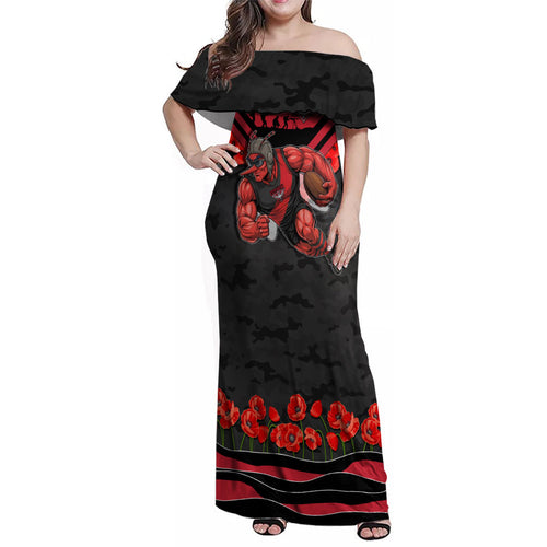 Personalised Essendon Bombers ANZAC Family Matching Off Shoulder Maxi Dress and Hawaiian Shirt Military Remembrance Australian Football Mascot Camouflage