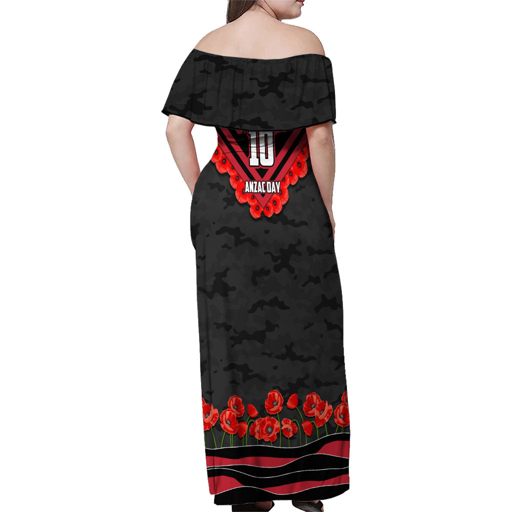 Personalised Essendon Bombers ANZAC Family Matching Off Shoulder Maxi Dress and Hawaiian Shirt Military Remembrance Australian Football Mascot Camouflage