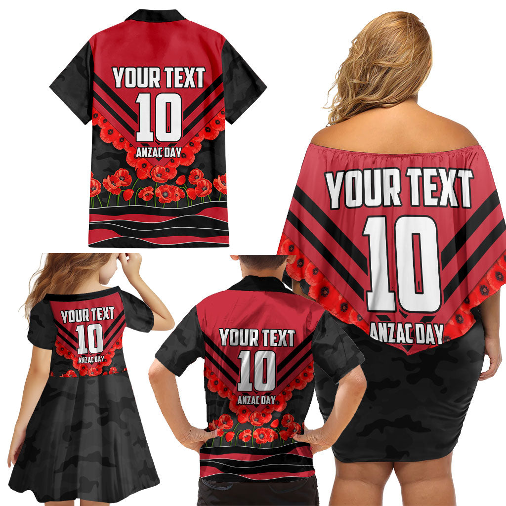 Personalised Essendon Bombers ANZAC Family Matching Off Shoulder Short Dress and Hawaiian Shirt Military Remembrance Australian Football Mascot Camouflage