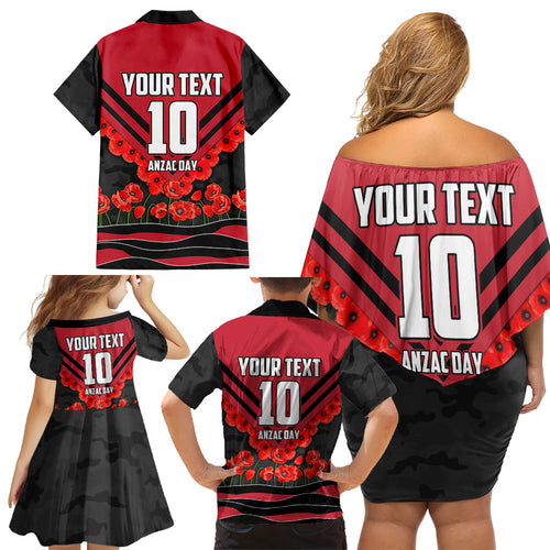 Personalised Essendon Bombers ANZAC Family Matching Off Shoulder Short Dress and Hawaiian Shirt Military Remembrance Australian Football Mascot Camouflage