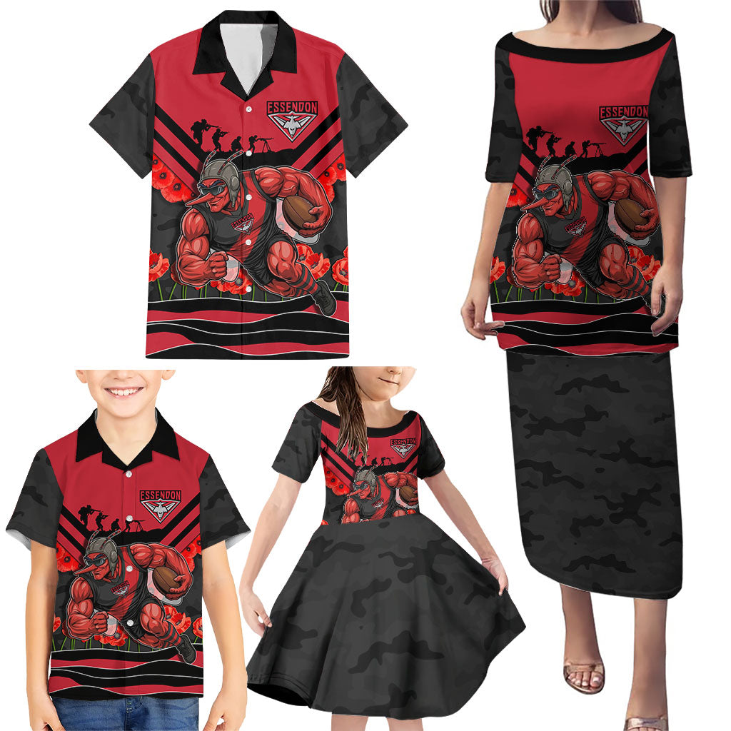 Personalised Essendon Bombers ANZAC Family Matching Puletasi and Hawaiian Shirt Military Remembrance Australian Football Mascot Camouflage