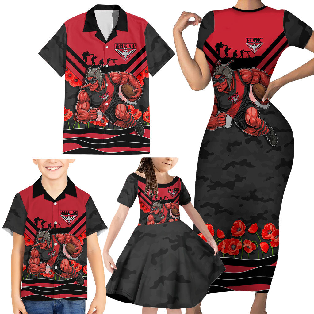 Personalised Essendon Bombers ANZAC Family Matching Short Sleeve Bodycon Dress and Hawaiian Shirt Military Remembrance Australian Football Mascot Camouflage