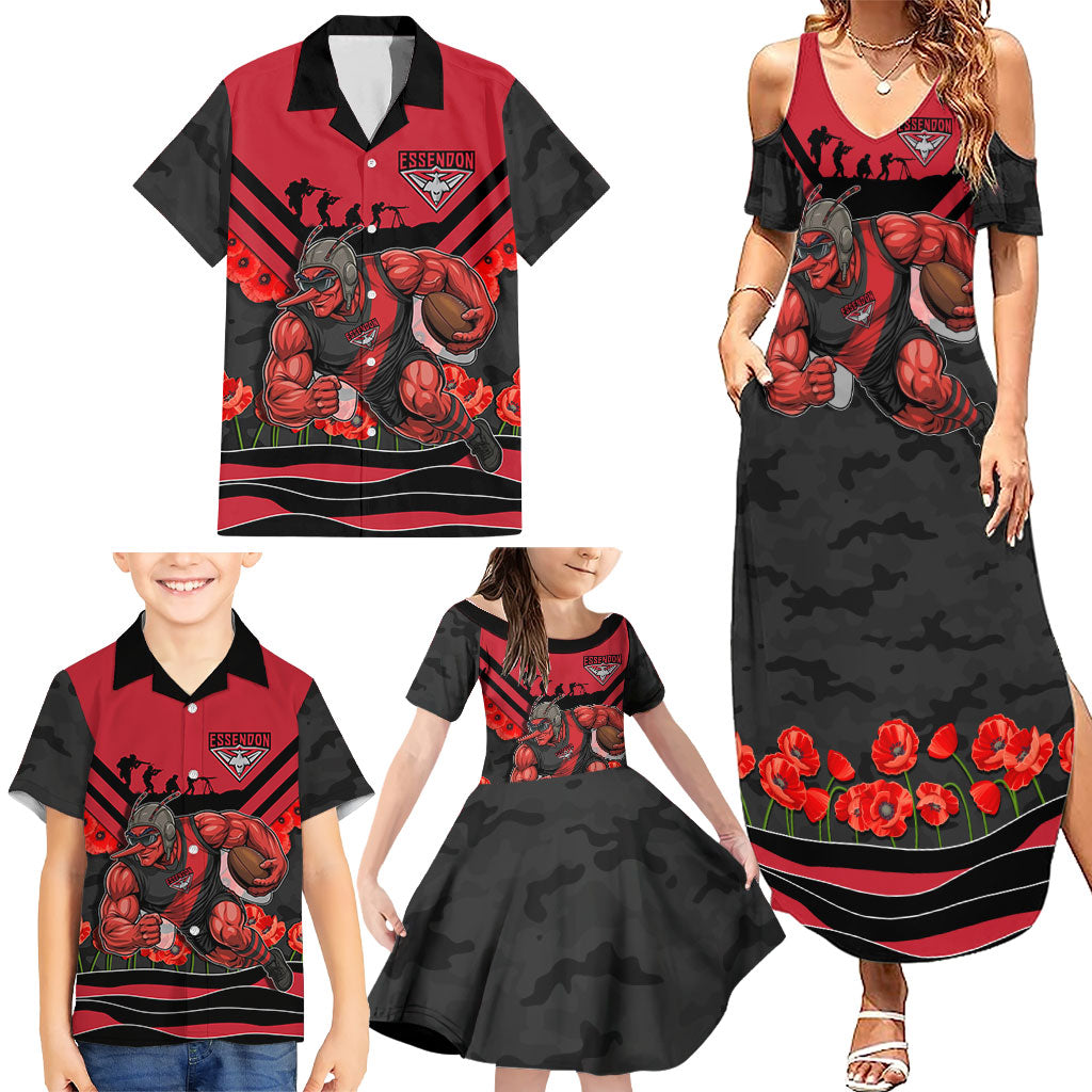 Personalised Essendon Bombers ANZAC Family Matching Summer Maxi Dress and Hawaiian Shirt Military Remembrance Australian Football Mascot Camouflage