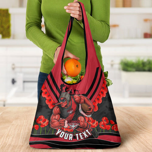 Personalised Essendon Bombers ANZAC Grocery Bag Military Remembrance Australian Football Mascot Camouflage