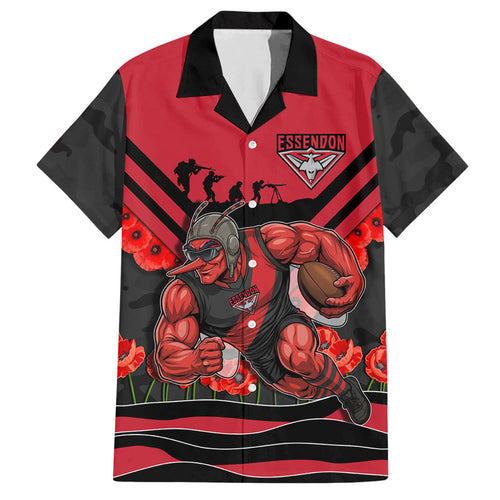 Personalised Essendon Bombers ANZAC Hawaiian Shirt Military Remembrance Australian Football Mascot Camouflage
