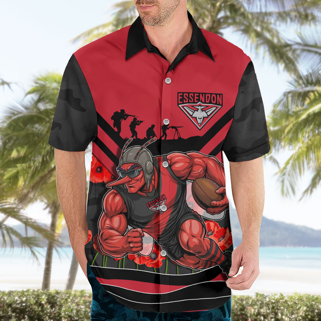 Personalised Essendon Bombers ANZAC Hawaiian Shirt Military Remembrance Australian Football Mascot Camouflage