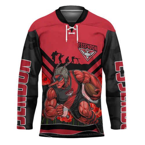 Personalised Essendon Bombers ANZAC Hockey Jersey Military Remembrance Australian Football Mascot Camouflage