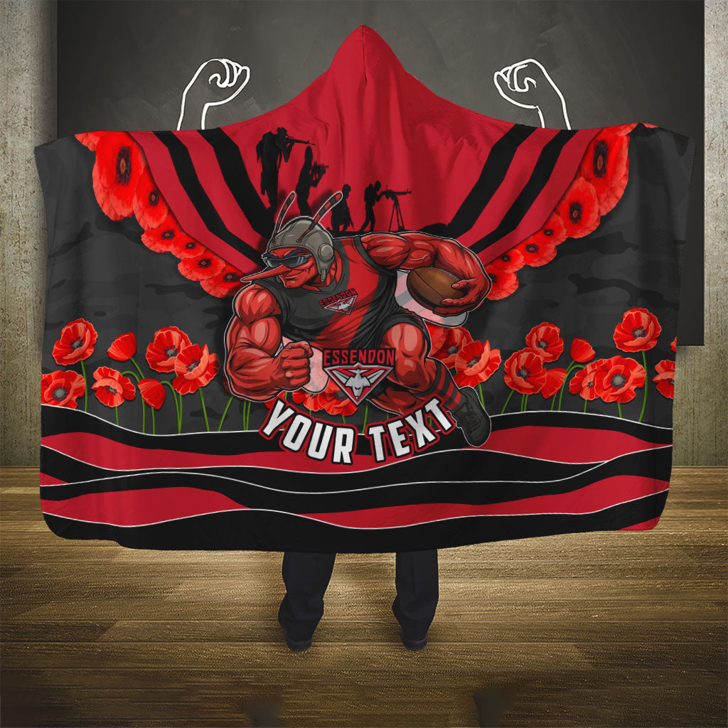 Personalised Essendon Bombers ANZAC Hooded Blanket Military Remembrance Australian Football Mascot Camouflage