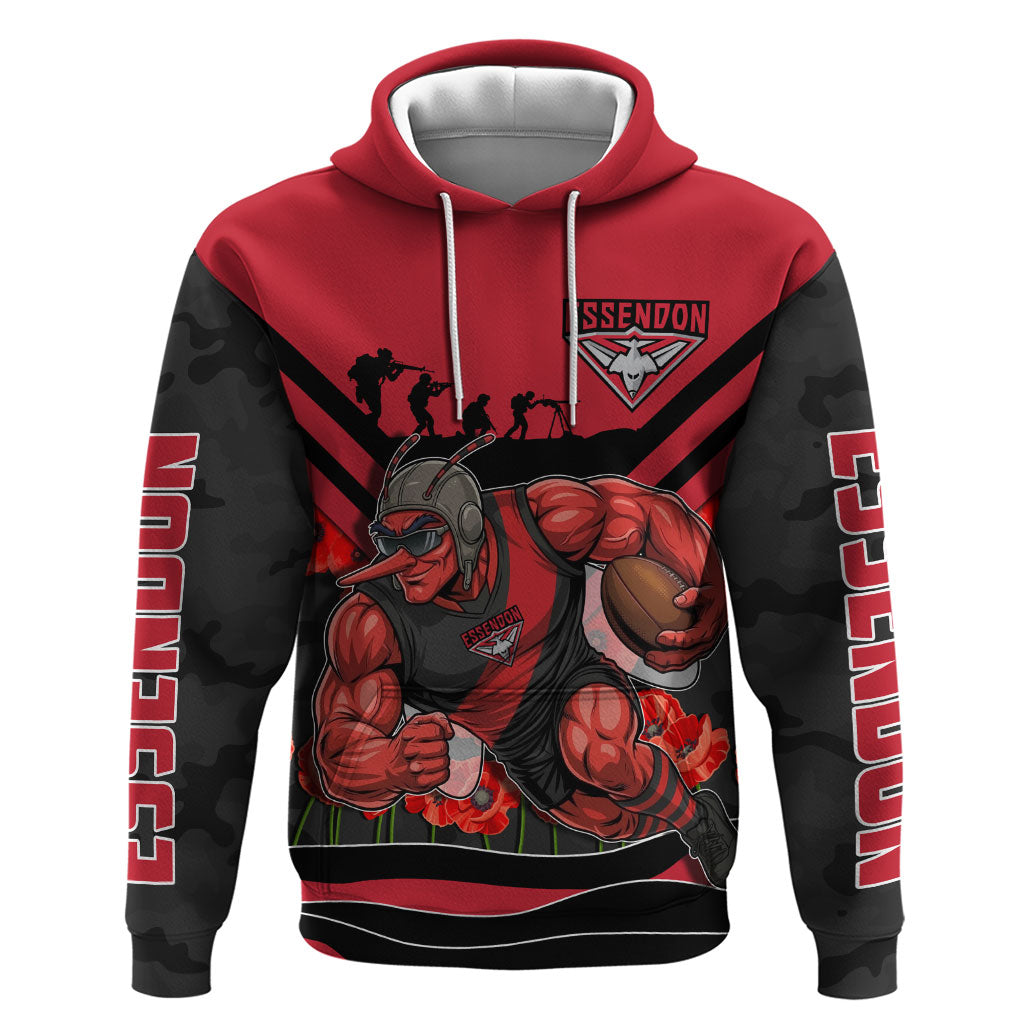 Personalised Essendon Bombers ANZAC Hoodie Military Remembrance Australian Football Mascot Camouflage
