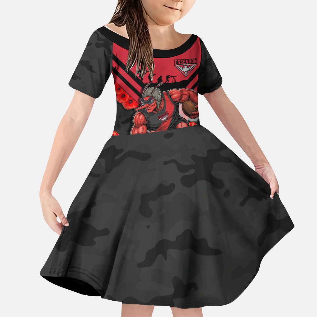 Personalised Essendon Bombers ANZAC Kid Short Sleeve Dress Military Remembrance Australian Football Mascot Camouflage