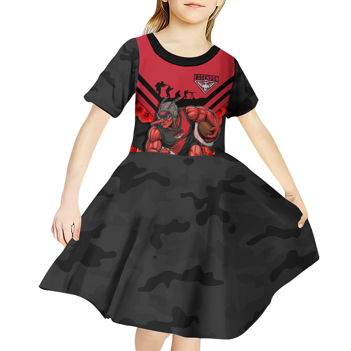Personalised Essendon Bombers ANZAC Kid Short Sleeve Dress Military Remembrance Australian Football Mascot Camouflage
