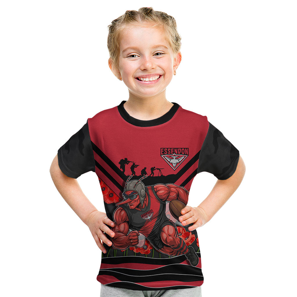 Personalised Essendon Bombers ANZAC Kid T Shirt Military Remembrance Australian Football Mascot Camouflage