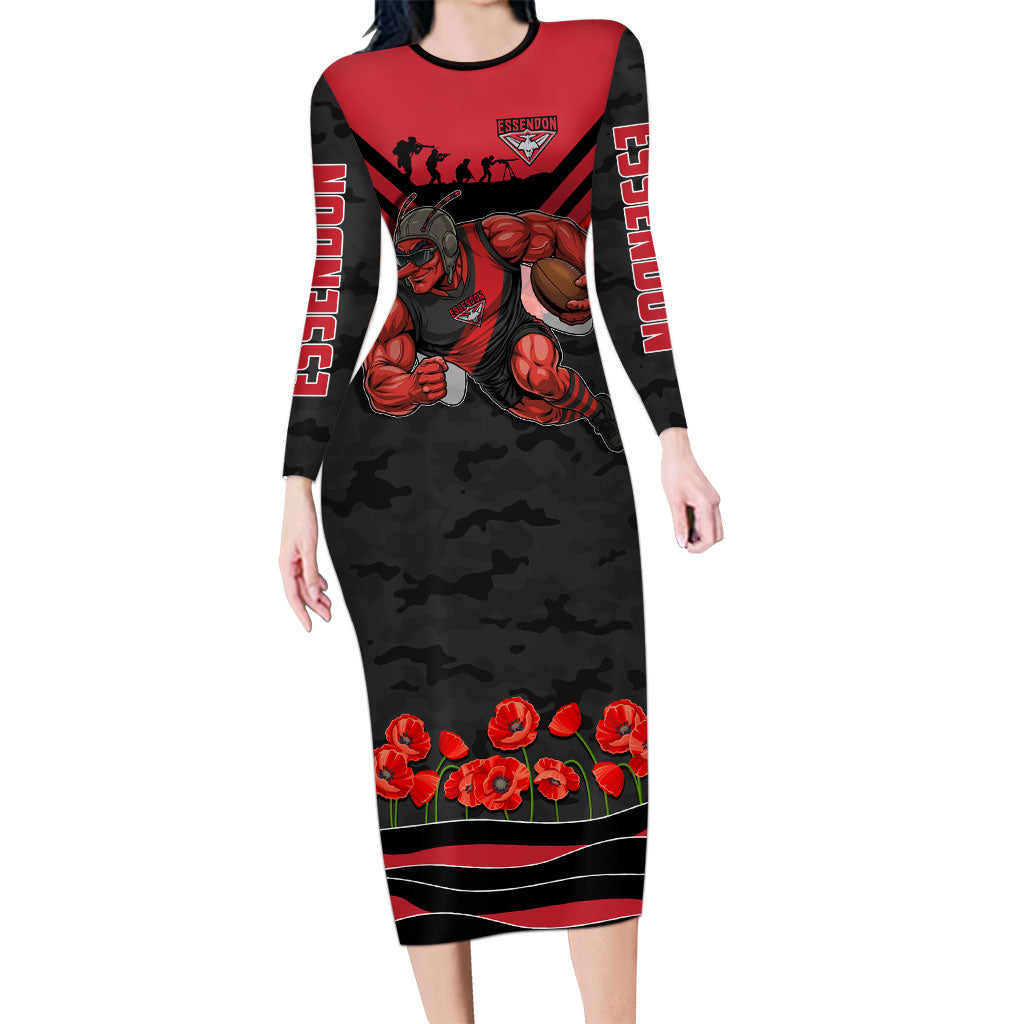 Personalised Essendon Bombers ANZAC Long Sleeve Bodycon Dress Military Remembrance Australian Football Mascot Camouflage