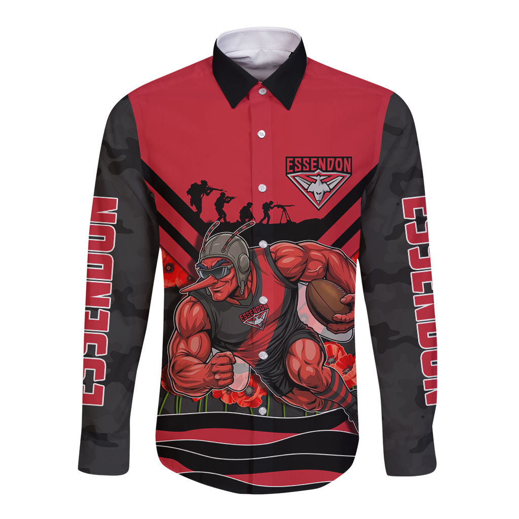 Personalised Essendon Bombers ANZAC Long Sleeve Button Shirt Military Remembrance Australian Football Mascot Camouflage