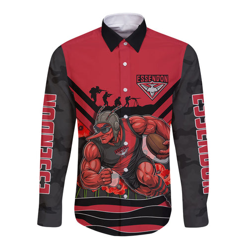 Personalised Essendon Bombers ANZAC Long Sleeve Button Shirt Military Remembrance Australian Football Mascot Camouflage