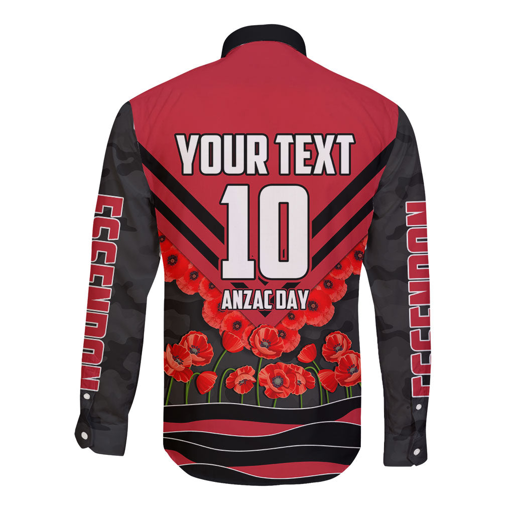 Personalised Essendon Bombers ANZAC Long Sleeve Button Shirt Military Remembrance Australian Football Mascot Camouflage