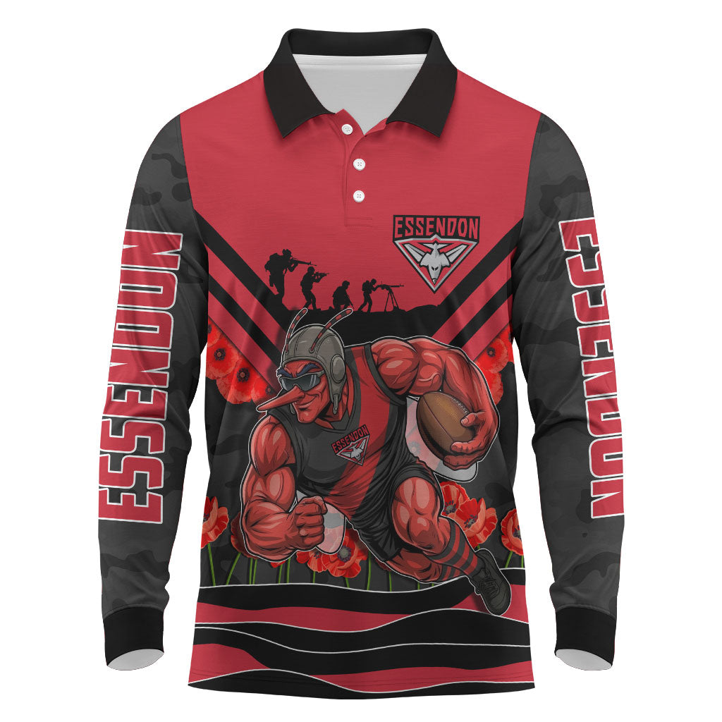 Personalised Essendon Bombers ANZAC Long Sleeve Polo Shirt Military Remembrance Australian Football Mascot Camouflage