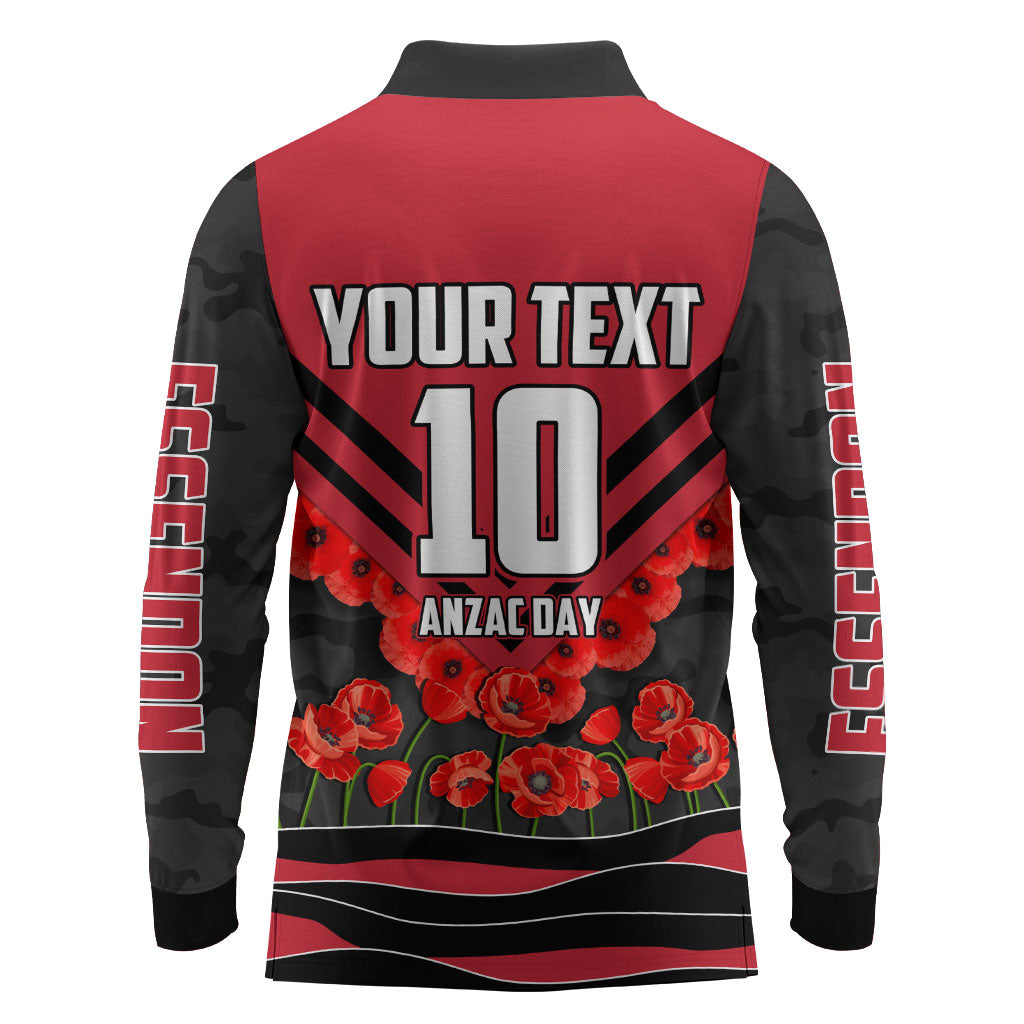 Personalised Essendon Bombers ANZAC Long Sleeve Polo Shirt Military Remembrance Australian Football Mascot Camouflage