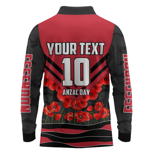 Personalised Essendon Bombers ANZAC Long Sleeve Polo Shirt Military Remembrance Australian Football Mascot Camouflage