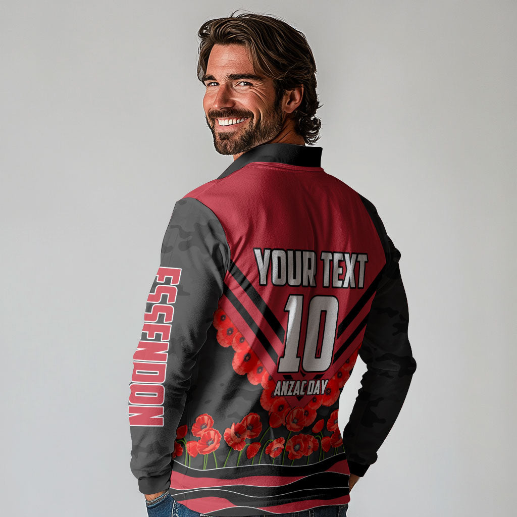 Personalised Essendon Bombers ANZAC Long Sleeve Polo Shirt Military Remembrance Australian Football Mascot Camouflage