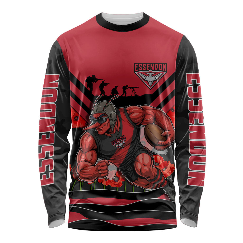 Personalised Essendon Bombers ANZAC Long Sleeve Shirt Military Remembrance Australian Football Mascot Camouflage