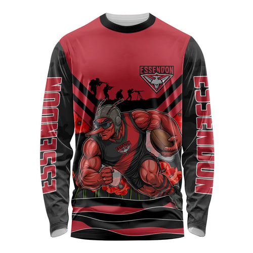 Personalised Essendon Bombers ANZAC Long Sleeve Shirt Military Remembrance Australian Football Mascot Camouflage