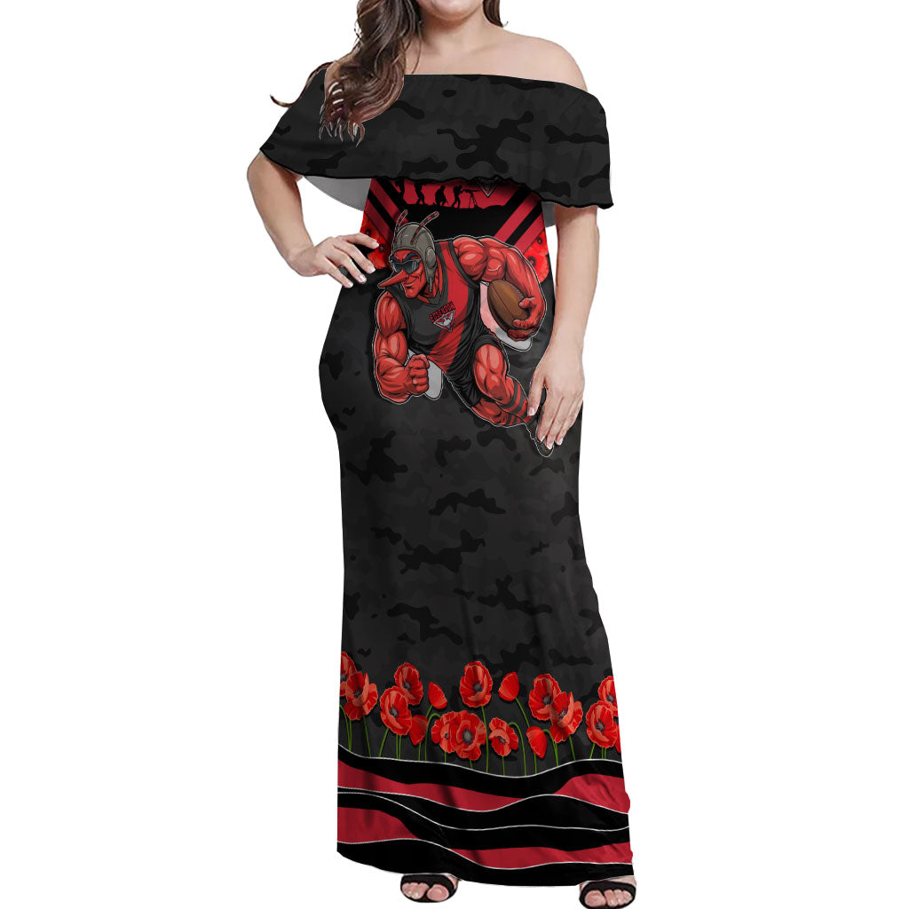 Personalised Essendon Bombers ANZAC Off Shoulder Maxi Dress Military Remembrance Australian Football Mascot Camouflage