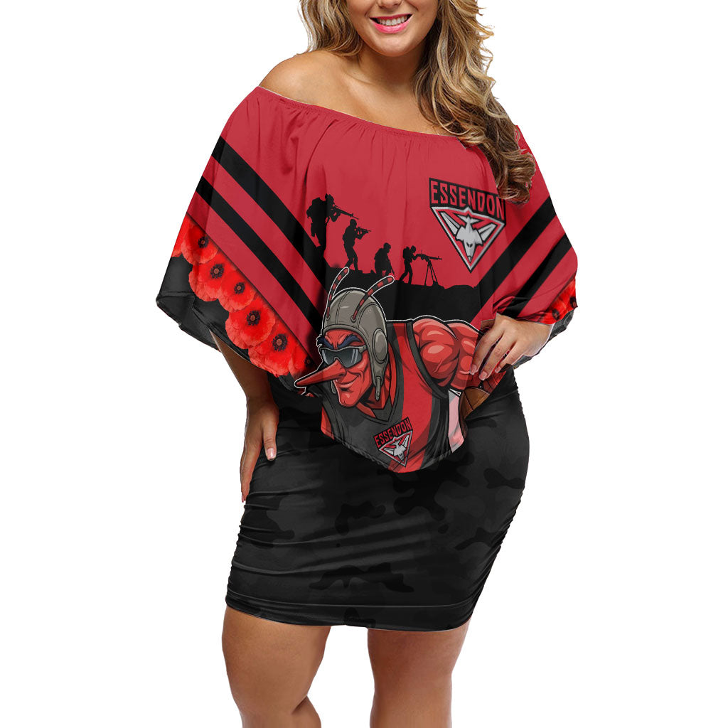 Personalised Essendon Bombers ANZAC Off Shoulder Short Dress Military Remembrance Australian Football Mascot Camouflage